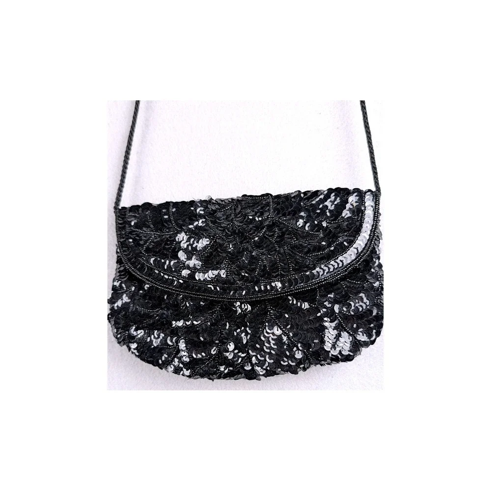 Vintage Black Silver Sequin Beaded Evening Clutch Crossbody Bag Formal Party